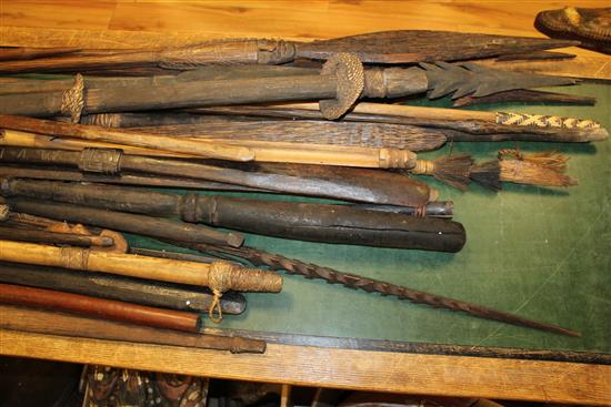 A collection of Sepik River tribal clubs, spears and spear throwers